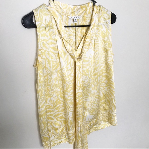CAbi Tops - Cabi - Yellow Print 100% Silk Tie Front Blouse